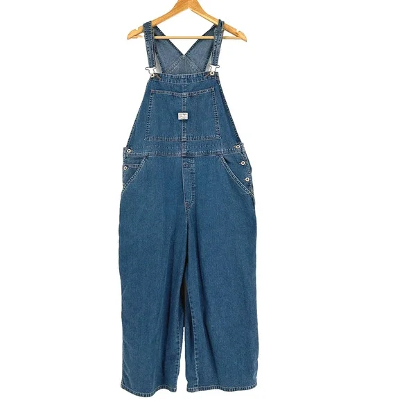 VTG 2003 Old Navy Cropped Bib Denim Overalls Women XL Y2K Grunge Loose Carpenter - Picture 1 of 12